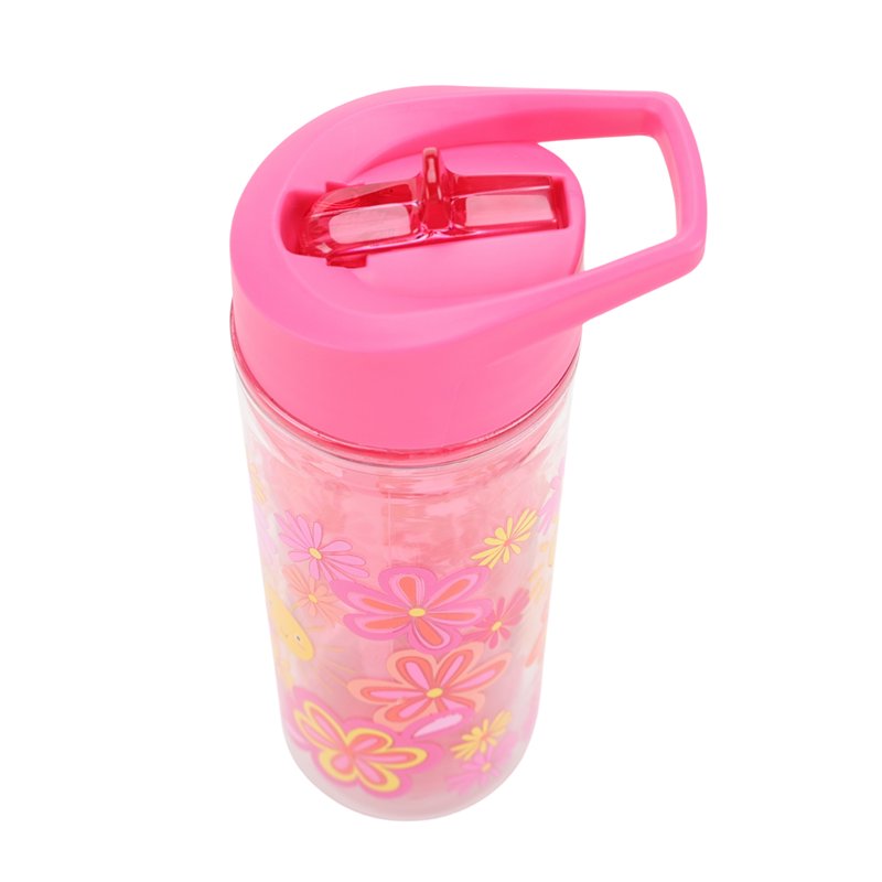 14 oz Insulated Plastic Water Bottle with Lid & Straw - 2 Pack, Pink Flower