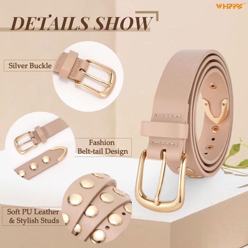 Women's Leather Belt for Jeans & Dresses - Studded PU, Beige, Fits 26-32"