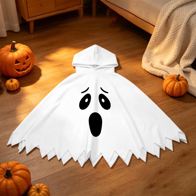 Kids Ghost Face Hooded Cape Costume - Unisex Halloween Dress Up, 10-12 Years - White