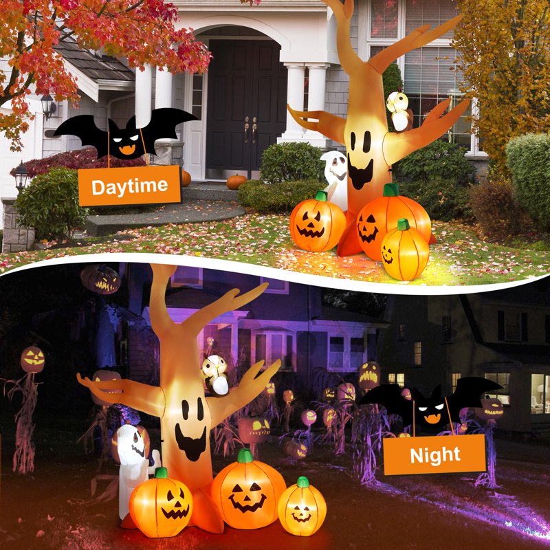 8FT Halloween Inflatable Dead Tree with LED Lights, Yard Decorations with Pumpkins Ghost & Owl