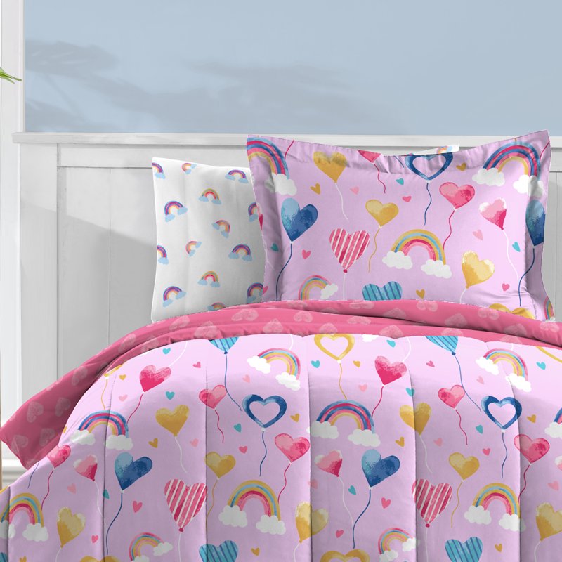 Full Bed-in-a-Bag for Kids - Lilac Balloon Hearts Bedding Set, Microfiber, Child Age 3+