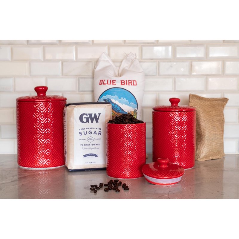 Diamond 3-Piece Canister Set - Red with Bamboo Lids