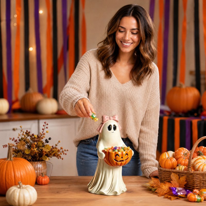 Cute Ghost Pumpkin Candy Bowl - Halloween Figurine & Treat Jar #022