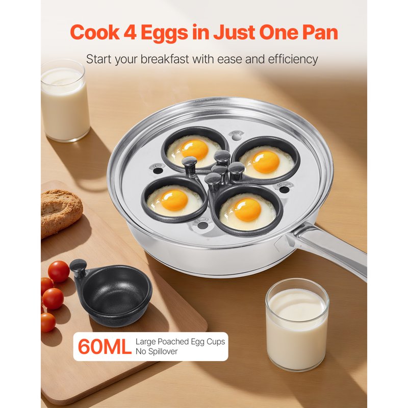 4-Cup Stainless Steel Egg Poaching Pan with Nonstick Cups and Glass Lid