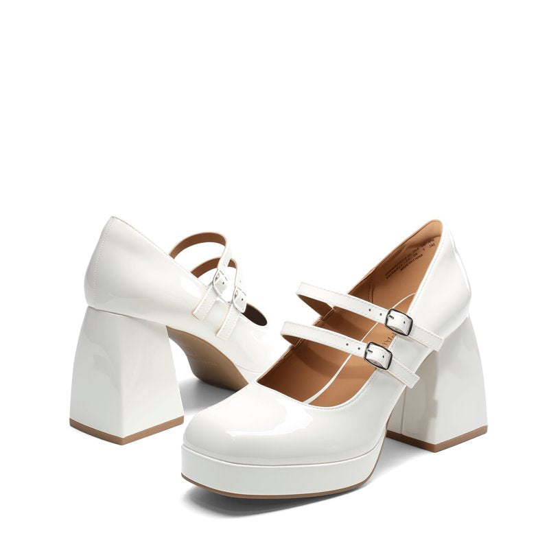 White Women's Y2K Double Strap Platform Mary Jane Heels with Square Toe and Chunky Block Heel - Size 6