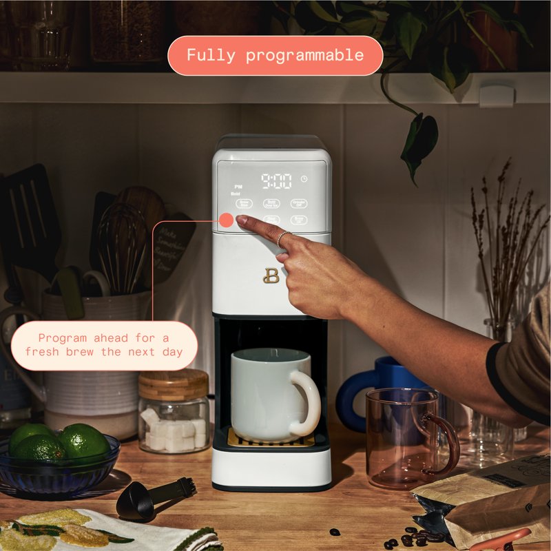 Programmable Single-Serve Coffee Maker with Built-In Grinder - White Icing