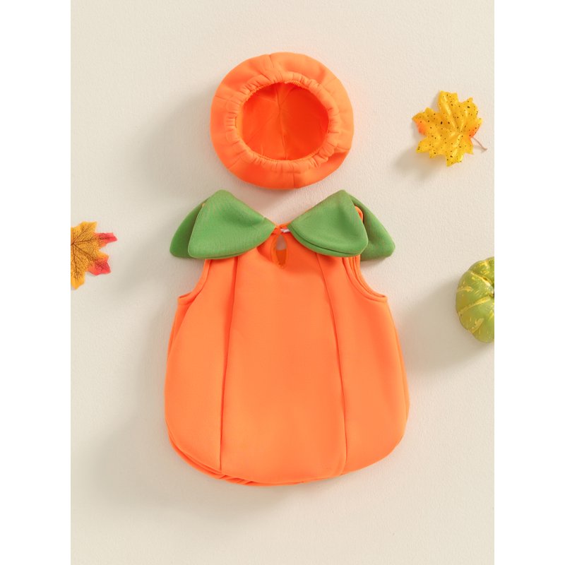 Toddler Baby Girl Boy Halloween Pumpkin Costume 0-6 Months Orange Sleeveless Outfit with Hat