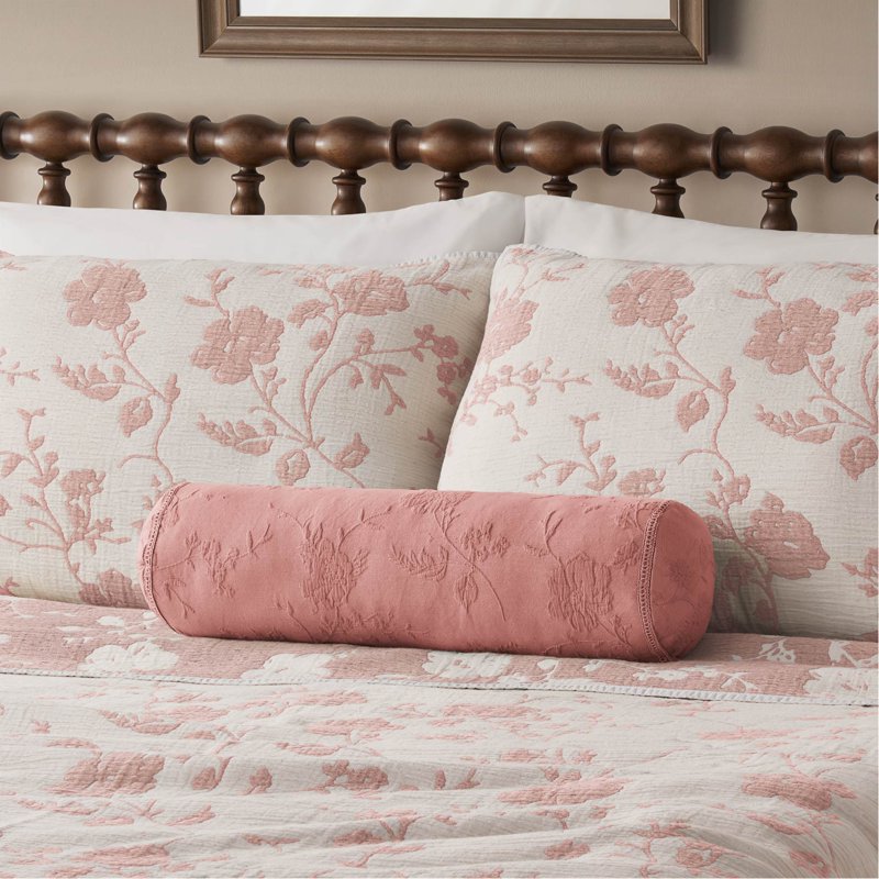 Pink Matelassé Floral Crochet Bolster Pillow - Decorative Accent