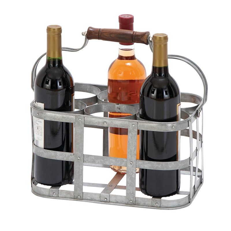Metal Wine Holder - Gray Galvanized 6 Bottle Caddy - 13" x 7"