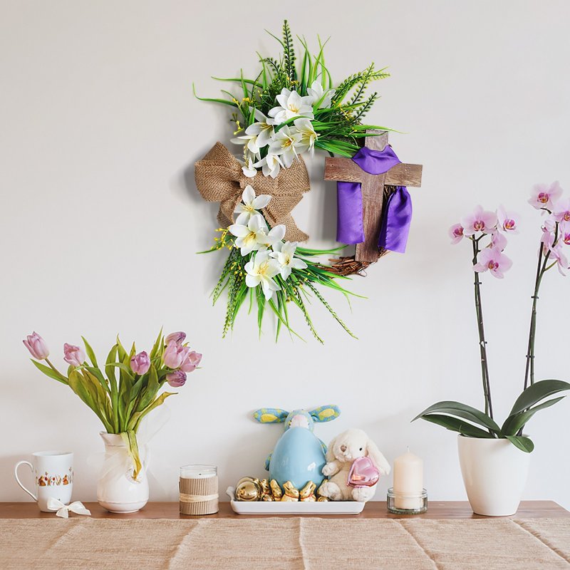 Easter Wreath Cross Door Sign Christian Floral Front Door Decor 13.8 Inch