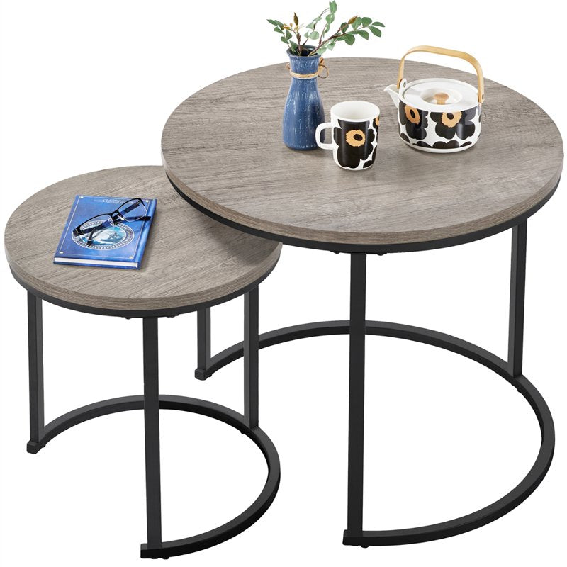 Round Rustic Nesting Coffee Table Set with Matte Black Frame