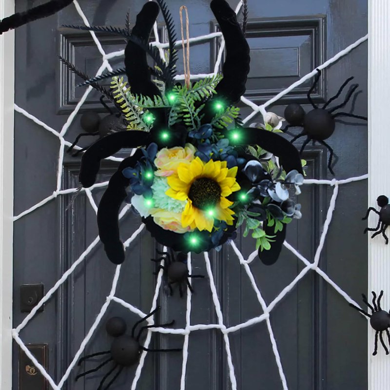 Halloween Spider Wreath with Lights for Front Door - 30cm Artificial Floral Decor
