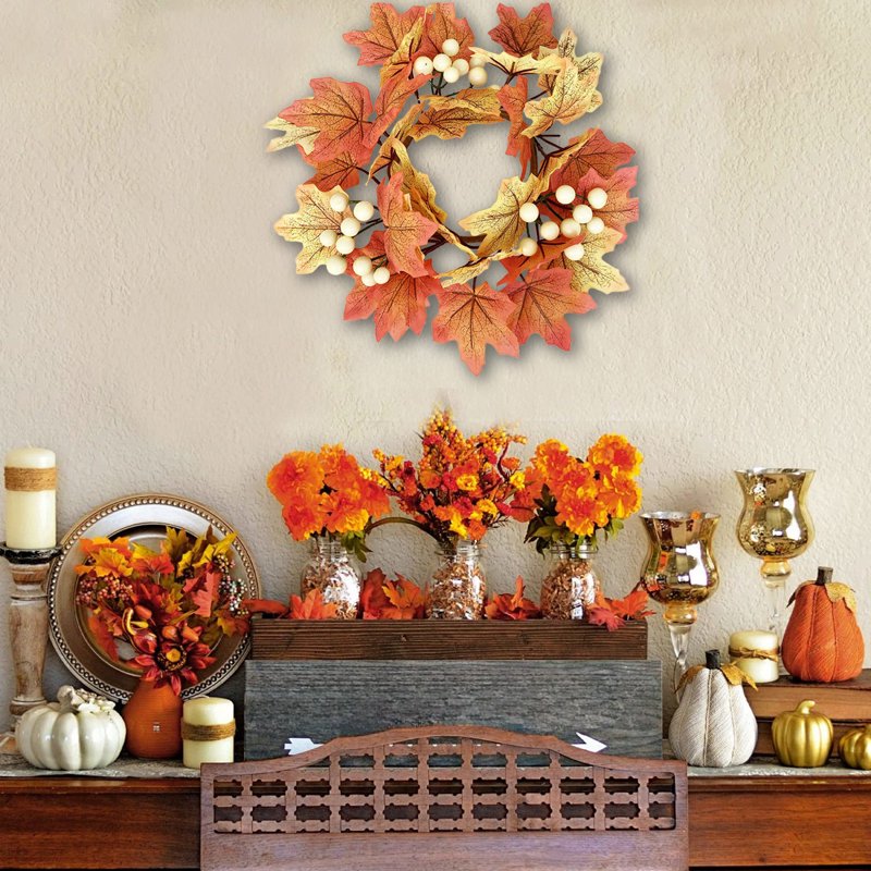 Autumn Fall Wreath for Front Door - Maple Leaves Halloween Thanksgiving Decor
