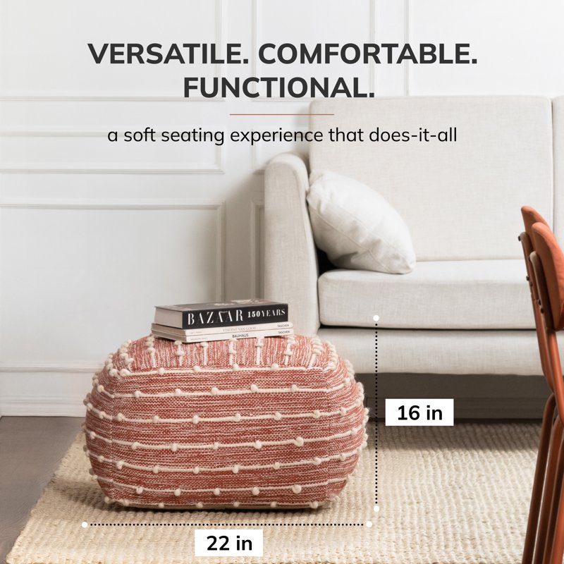 22-Inch Square Pouf Ottoman - Red & Ivory Handmade Cushion