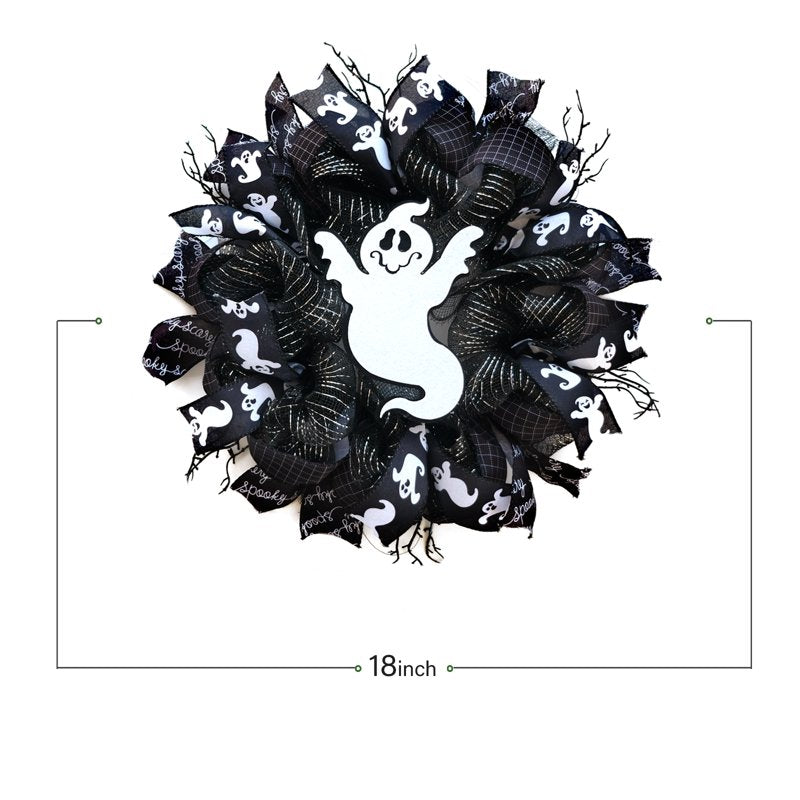 Halloween Ghost Wreath 18 Inch Front Door Decor with Black Ribbon & Ghost Print