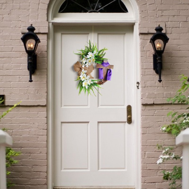 Easter Wreath Cross Door Sign Christian Floral Front Door Decor 13.8 Inch