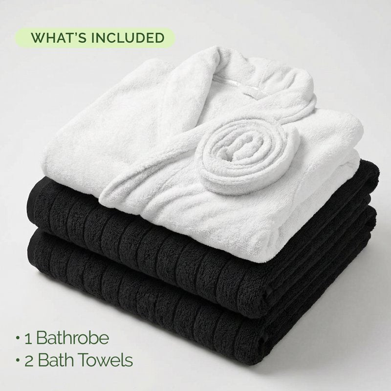 Black Small Spa Bath Set with Plush Robe & Ribbed Towels - Elegant Comfort