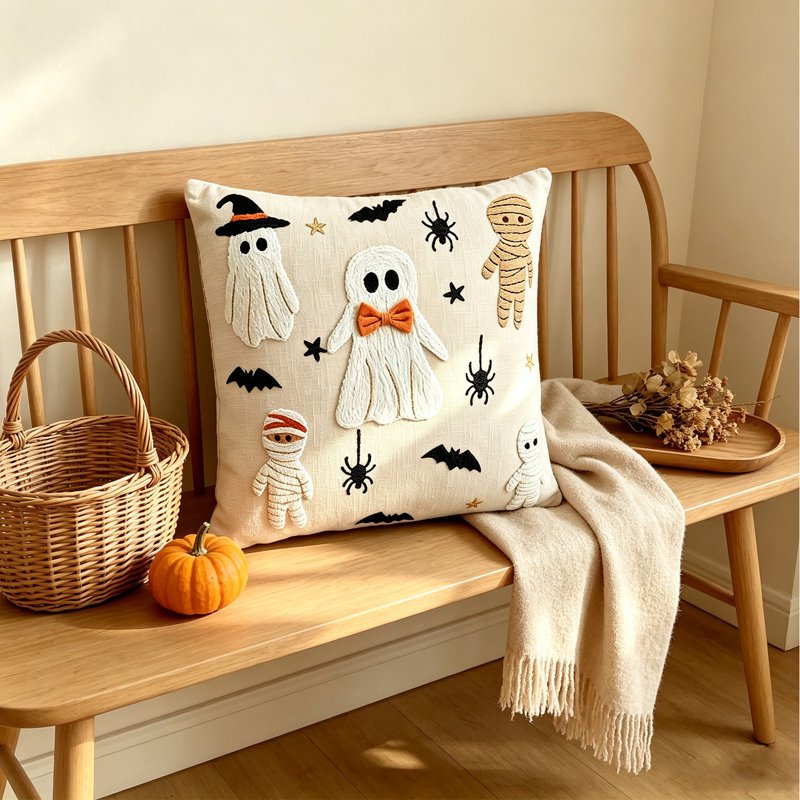 Halloween Ghost White Throw Pillow Cover 18x18 Inch Plush Faux Fur - Halloween Decor H-A