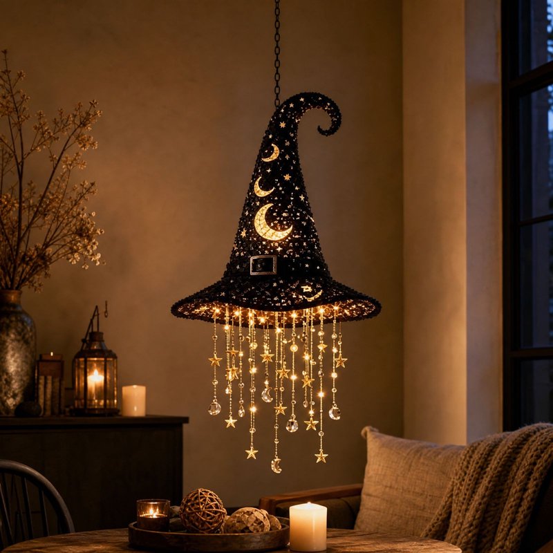 Lighted Witch Hat Hanging Set - Moon Variation, 2 Pack Halloween Decor