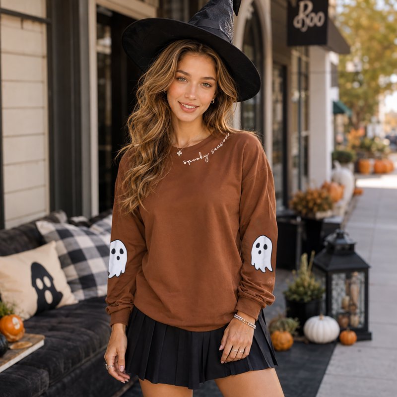 Brown Halloween Ghost Graphic Sweatshirt Women’s Casual Crew Neck XL