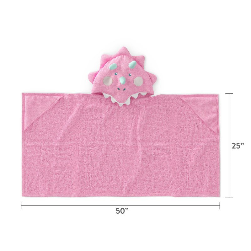Kids Hooded Cotton Terry Bath Towel - Pink Dino, 25 x 50 Inches