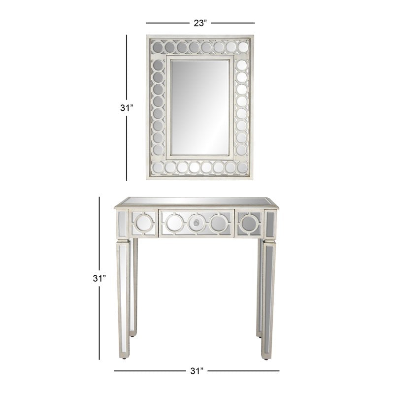 Geometric Silver Mirrored Console Table Set with Drawer - 2 Pieces