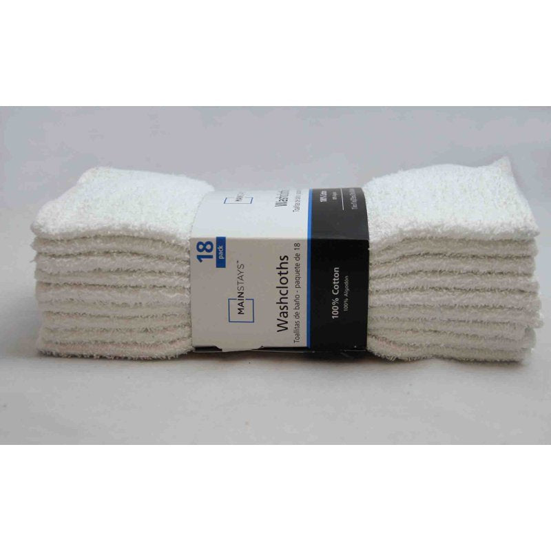 (2 Pack) Mainstays White Washcloths - 18 11x11 Cotton Face & Body Cloths with Quick-Dry