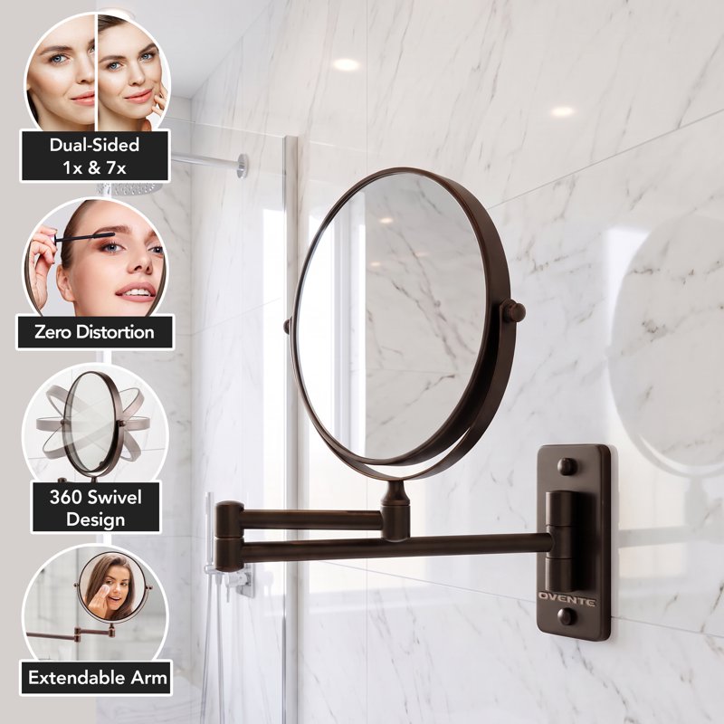 Wall Mounted Makeup Mirror - 7" Double Sided Magnification, Antique Bronze