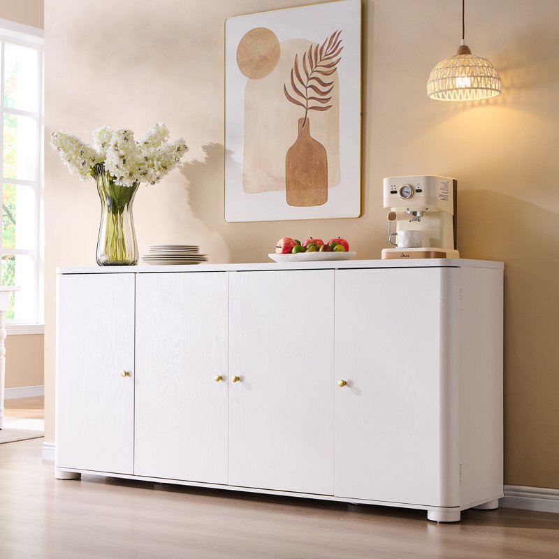 66" Curved White Kitchen Buffet Sideboard Cabinet - 4 Doors & Shelves