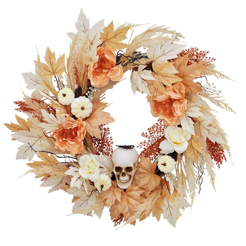 Prelit Halloween & Fall Wreath 22 Inch with Pumpkin, Bone & Maple Leaves
