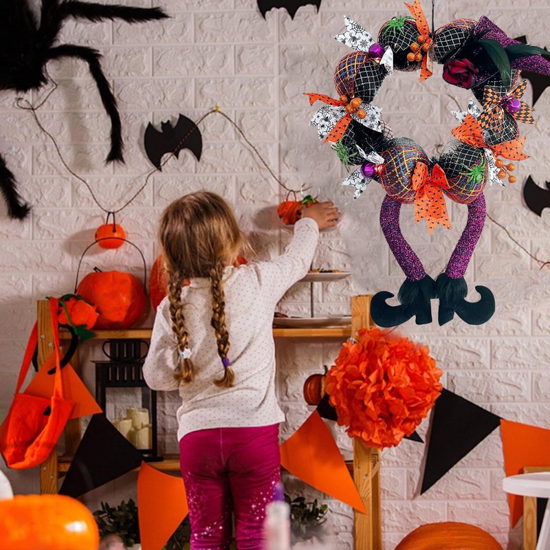Halloween Front Door Wreath with Witch Hat and Feet - 17.7 Inch Indoor Outdoor Decoration