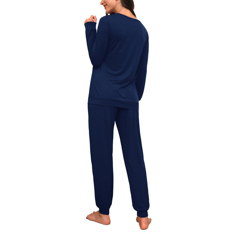 Women's Pajama Set Long Sleeve Sleepwear Lounge Sets with Pockets - Navy Blue S