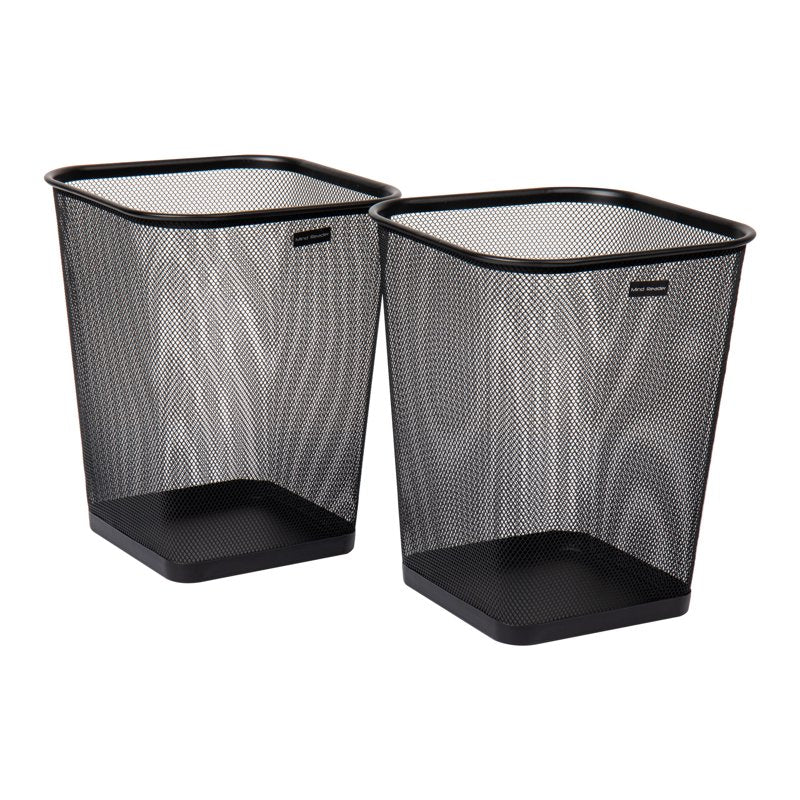 Mesh Trash Can Set of 2 - Square Metal Bins, Black