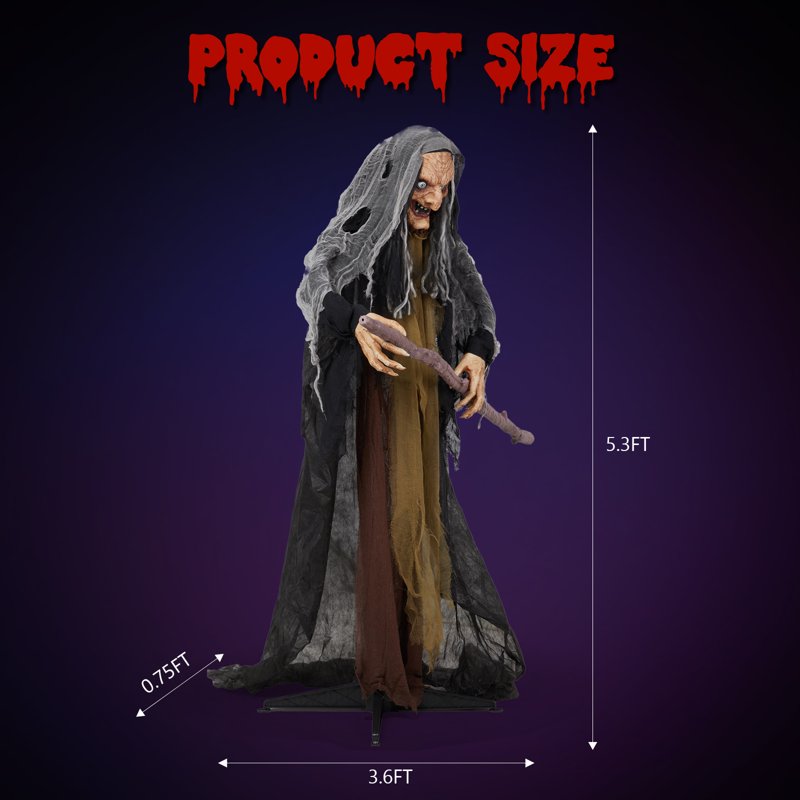 Yescom 5.3ft Animated Witch Halloween Decoration with Sound-Activated LED Eyes