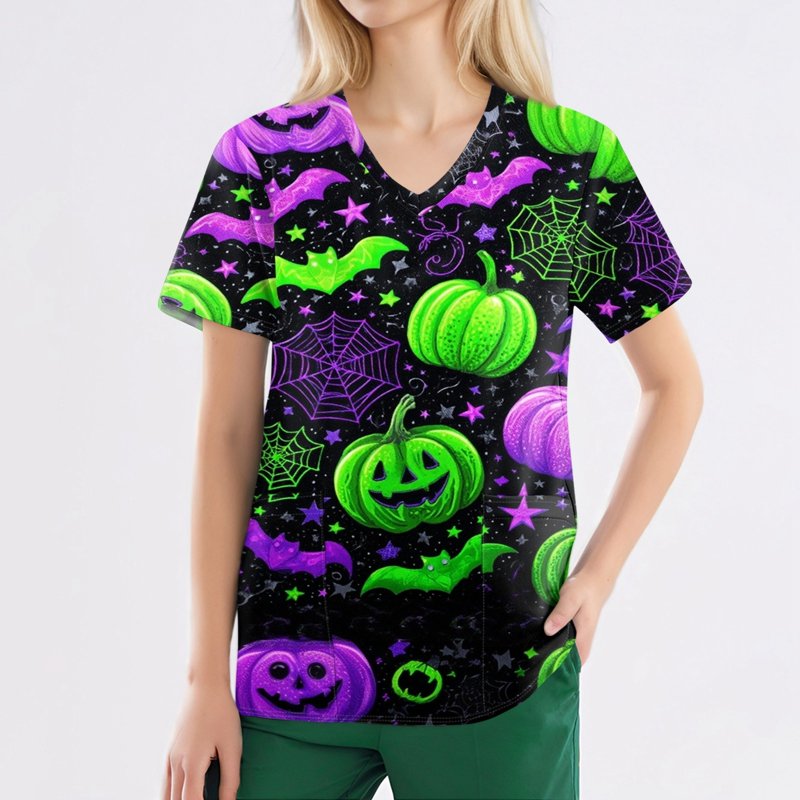 Plus Size Halloween Pumpkin-Head Bat Printed Scrub Top Women Green 10XL
