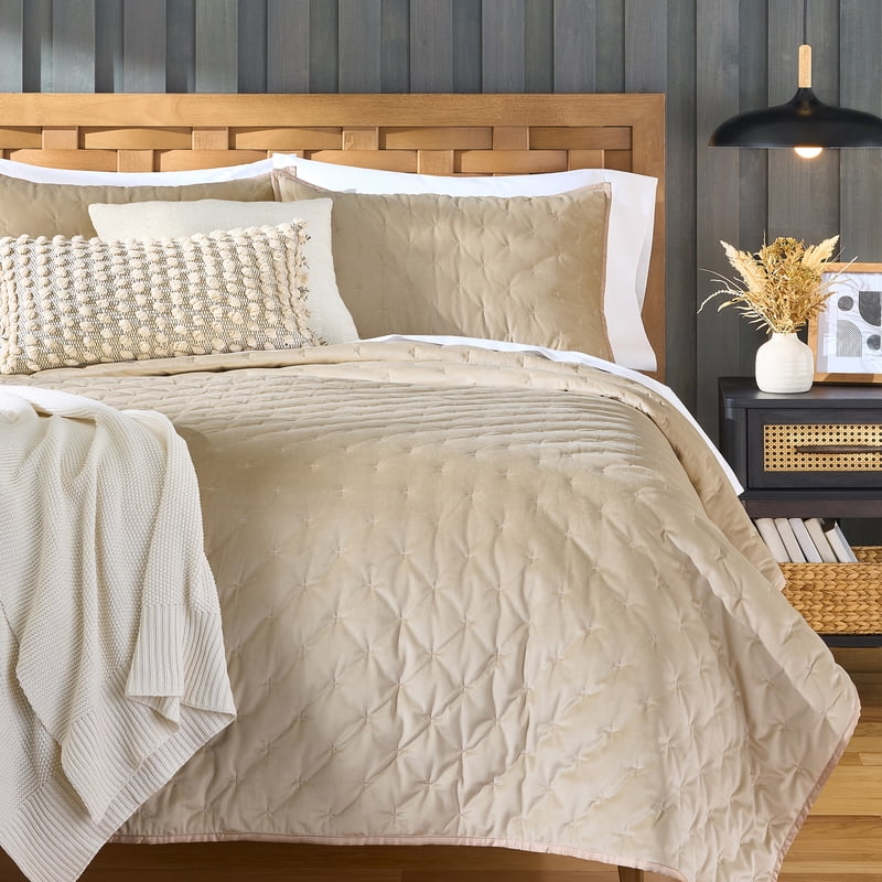 King Tan Velvet Embroidered Quilt - Better Homes & Gardens, Soft All-Season Bed Cover