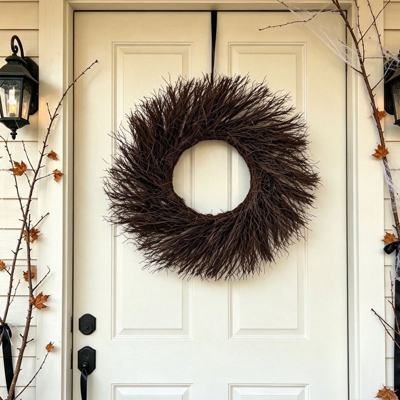 Black Dead Branch Wreath - 15.7 Inch Natural Twig Front Door Decor for Halloween & Fall