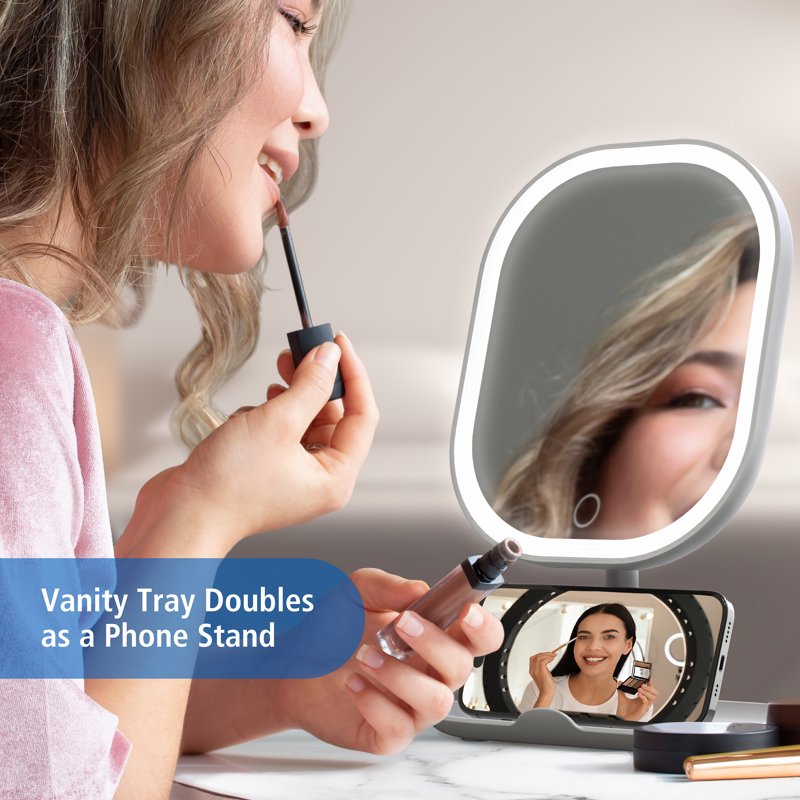 Rechargeable LED Vanity Mirror with 5x Magnification and Storage Tray