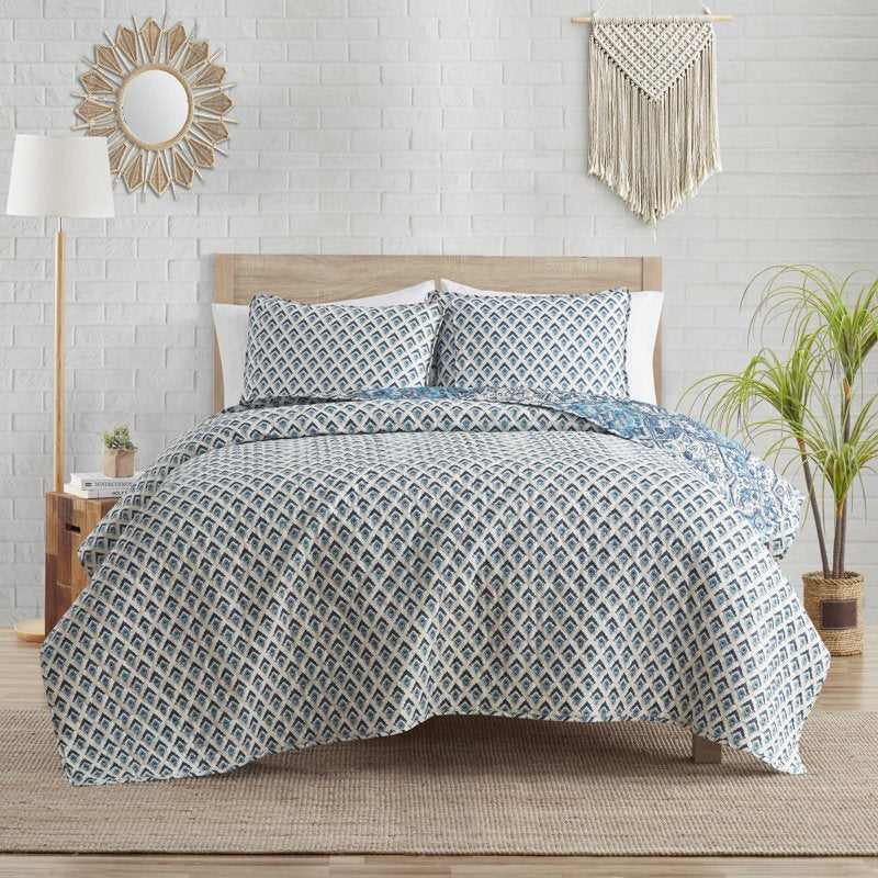 Twin Reversible Boho Quilt Set - Blue Medallion & Damask Prints, 3 Piece