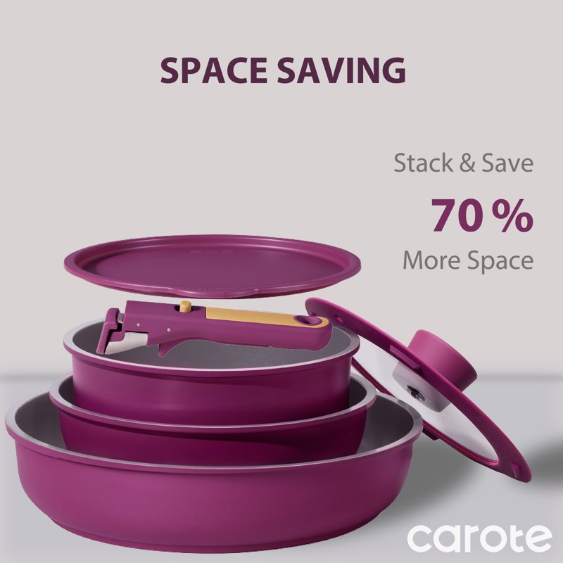 21-Piece Nonstick Cookware Set with Detachable Handle - Purple