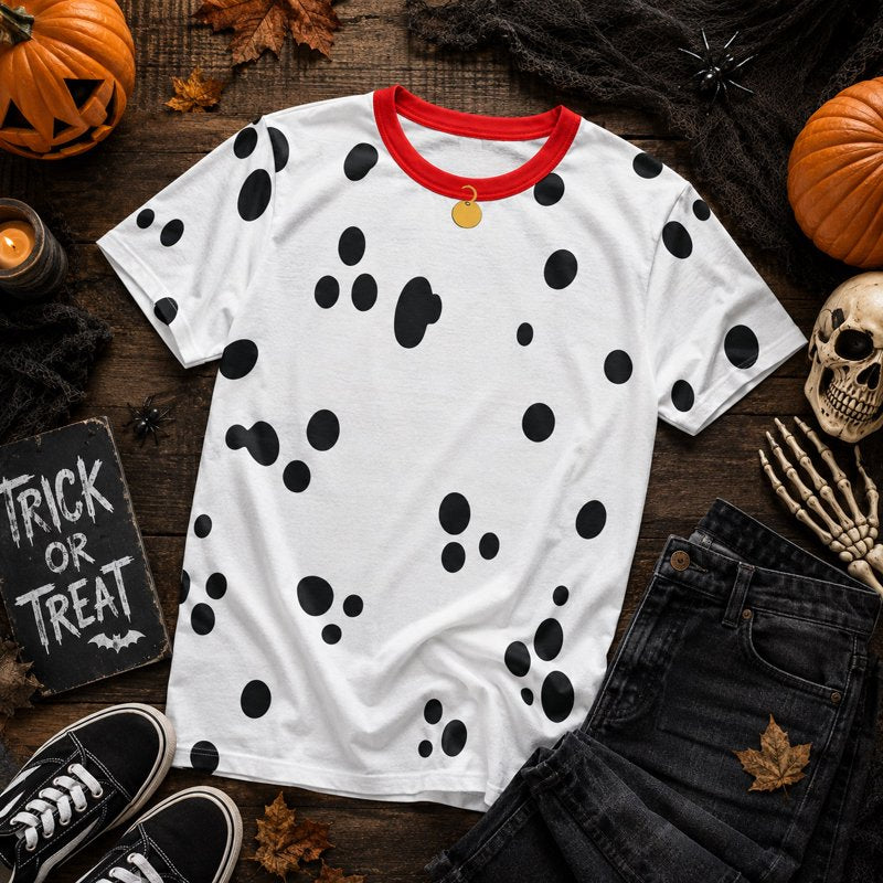 Multicoloured Dalmatian Costume T-Shirt for Men - Red Collar, All Over Print, Size M