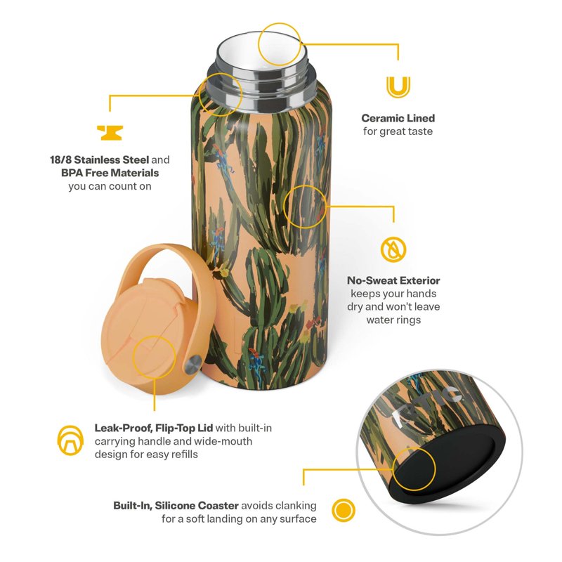 Insulated Outback Water Bottle - 32 oz Ceramic Lined - Desert Cactus