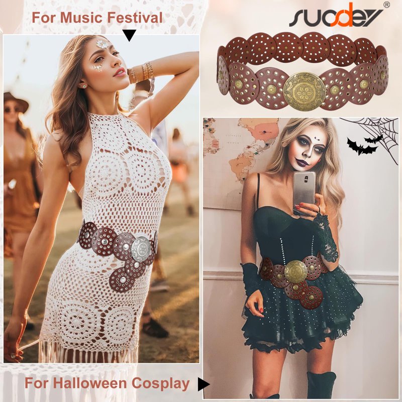 Brown Wide Leather Western Belt for Women - Boho Concho Disc Style, Up to 37"