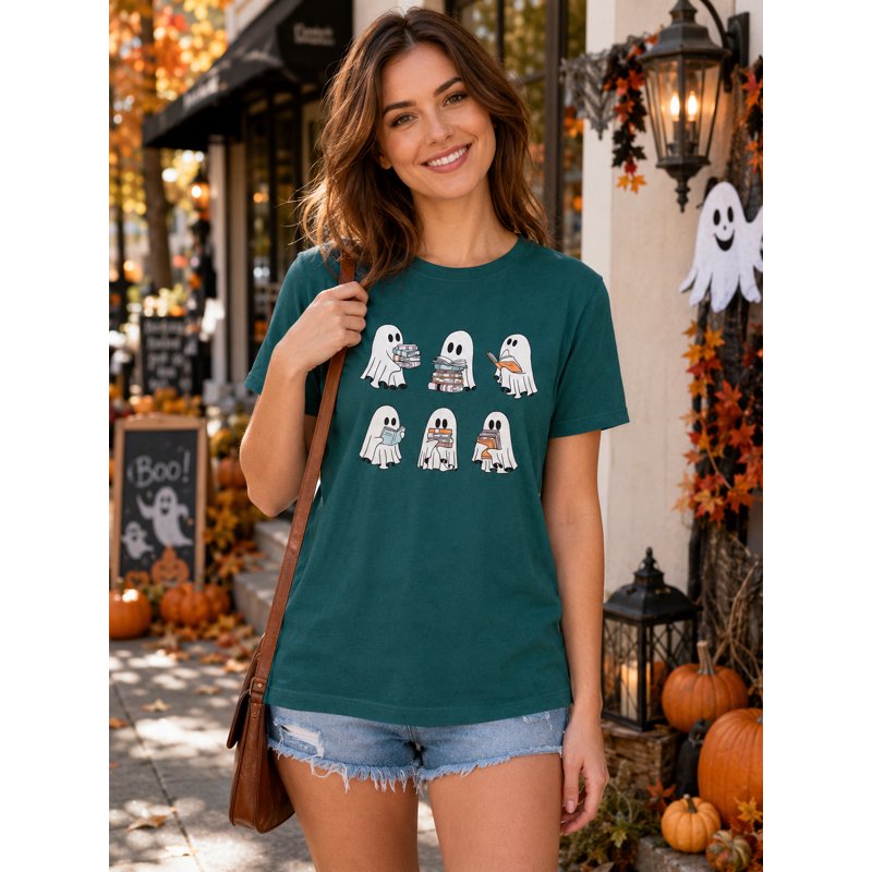 Halloween Teacher Shirt for Women Ghost Reading Books Graphic Tee - Green XXL