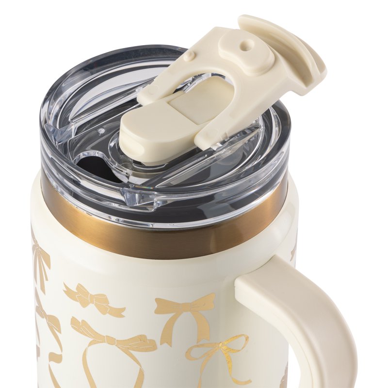 32oz Stainless Steel Tumbler with Handle & Dual Straw Lid - Cream & Gold Bows