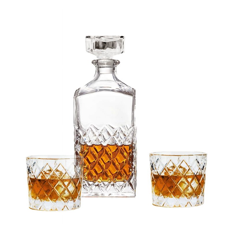 Diamond-Cut Glass Decanter Set with 2 Old Fashioned Glasses - 2 Pack