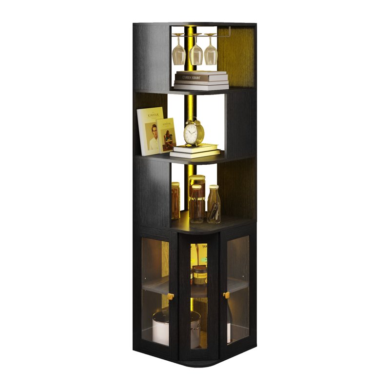 5 Tier Corner Bar Cabinet with LED Lights & Glass Holder - Black