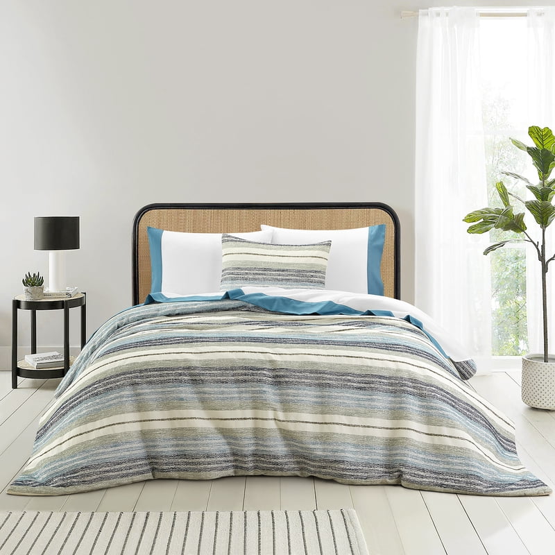 Queen Woven Stripe Bed in a Bag Comforter Set with Sheets - Green Stripe