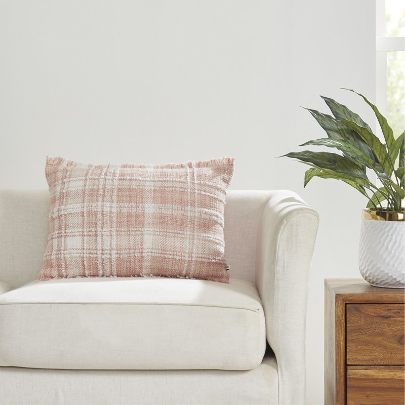 Blush Plaid Cotton Rich Decorative Pillow 14x20 Inches - Set of 2