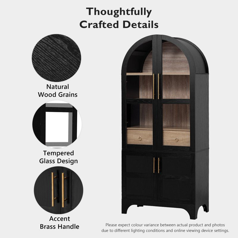 Arched Kitchen Pantry Cabinet with Soft-Close Doors - Black Glass-Enclosed Top Shelf